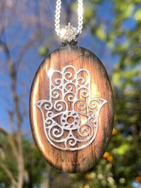 Handmade Hamsa Pendant Pure Labradorite Gemstone Pink Orange Flash
